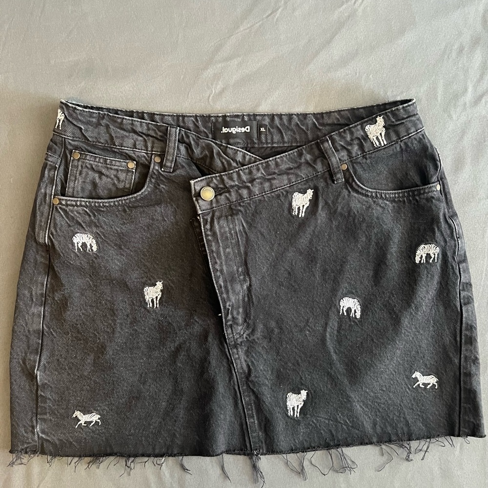 Desigual Black Denim Mini Skirt with Embroidered Details